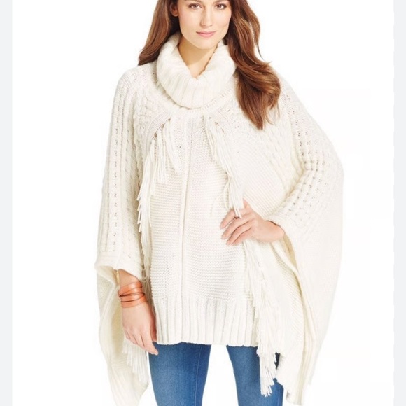 DKNY JEANS Cream Wool Blend  Fringe Detail Poncho Sweater Size L/XL NWOT - Picture 1 of 9